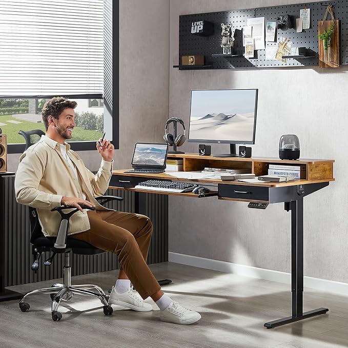 55x24 Inches Electric Standing Desk with Keyboard Tray Height Adjustable Stand up Desk with 2 Drawers Ergonomic Sit to Stand Desk with Storage Monitor Stand Computer Table Rustic Brown