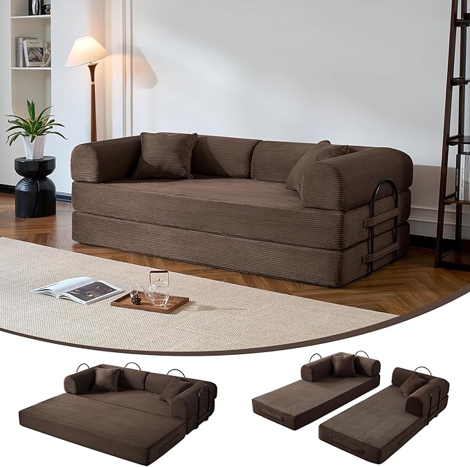 Compressed Sofa Convertible Sofa Bed Corduroy Compression Boneless Couch with Pillow Comfy Modular Foldable Floor Sleeper Sofa for Bedroom Living Room Lounge Studio (Brown)