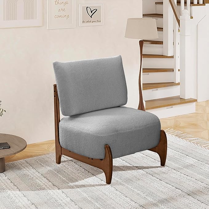 Modern Living Room Accent Chair Teddy Fleece Solid Rubberwood Frame Contemporary Lounge Seating for Reading Corner (Gray)