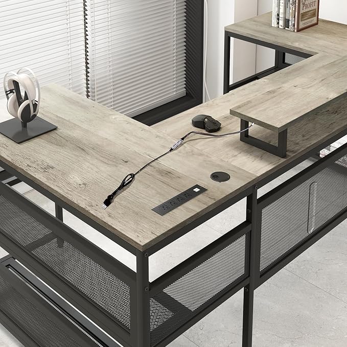 Penau U Shaped Computer Desk with LED Strip L Shaped Desk with Storage Shelves Vintage Style Home Office Gaming Desk