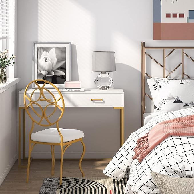 Modern Computer Desk/Writing with 2 Drawers for Bedroom Home Office Gold White Contemporary Rectangular Metal Wood Matte