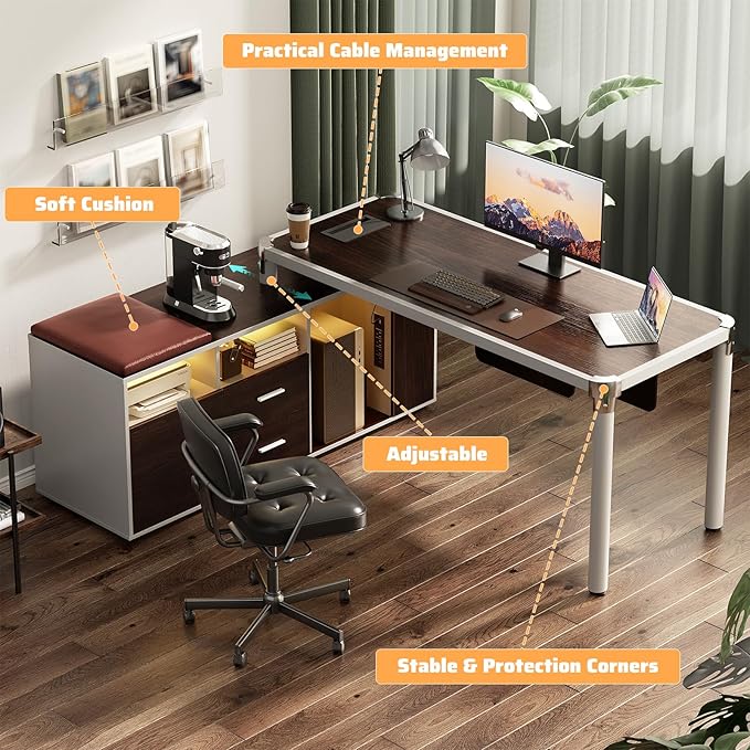 Cyclysio Large L Shaped Desk with File Cabinet and Outlet Reversible Corner Computer Desk with LED Lights Home Office Desk with Drawer Soft Cushion Espresso