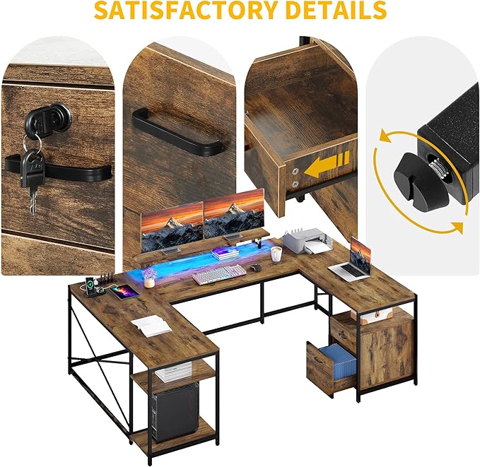 DWVO U Shaped Desk with Drawers 79 Reversible L Shaped Desk with Power Outlets &amp LED Lights Corner Computer Desk with Monitor Stand &amp Storage Shelves Rustic Brown