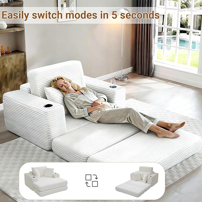 53 Oversized Chaise Lounge Chair Indoor Modular 3-in-1 Corduroy Boneless Chair Cloud-Like Cozy Comfy Sofa Bed Sleeper Couch for Reading Living Room Bedroom Beige