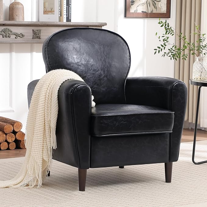 Accent Chair Set of 2 Mid Century Modern Faux Leather Arm Chair with Thick Cushion and Back Comfy Upholstered Reading Chair Single Sofa Chair for Living Room Bedroom Club Black