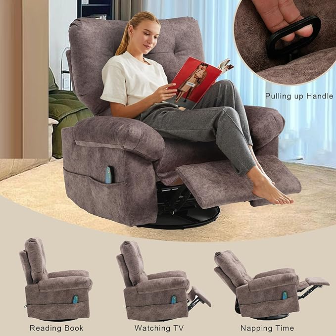 Rocker Recliner Chair for Adults Soft Lazy Boy Recliner Chair with Heat&amp Adjustable Backrest Footrest Oversized Massage Recliner Chair with Swivel and Side Pocket for Living Room Bedroom (Brown