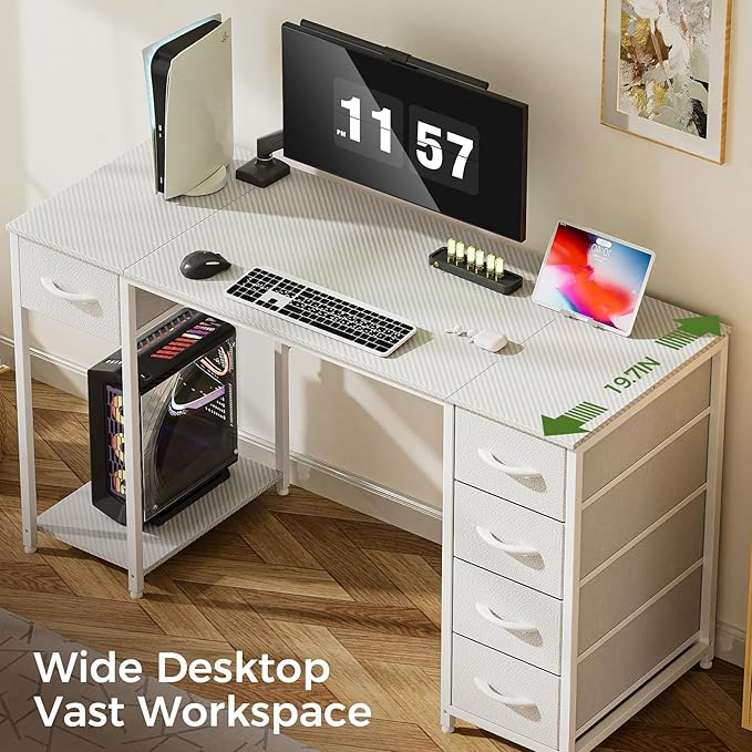 LUCKRACER Vanity Desk with 5 Fabric Drawers &amp Storage Shelves Makeup Dressing Table Computer Desks for Home Office Bedroom White No Mirror