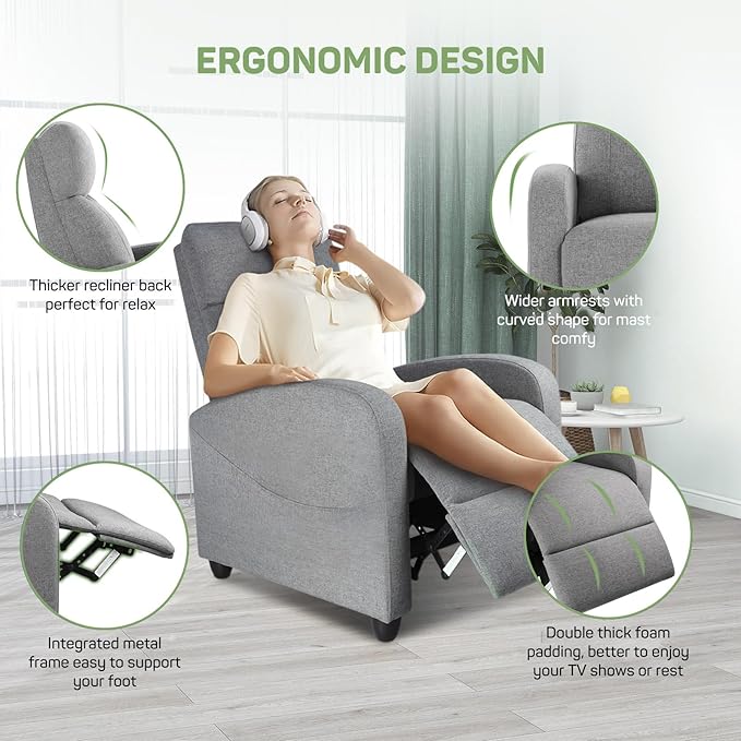 Recliner Chair with Massage and Lumbar Support Small Fabric Home Theater Seating Adjustable Modern Reclining Chair for Adults in Living Room