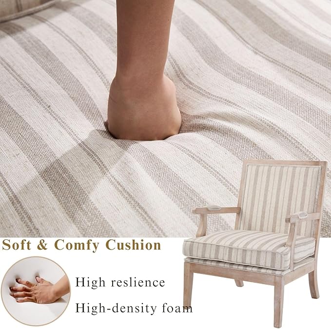Modern Farmhouse Striped Accent Chair Wide Upholstered Living Room Chair with Armrest Pads Coastal French Country Wooden Armchair for Bedroom Guest Room Striped Linen Fabric