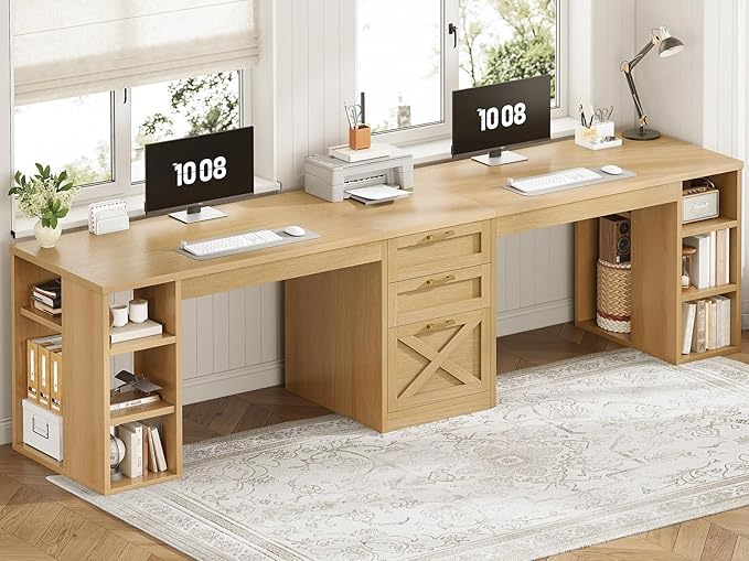 SEDETA Farmhouse 96.5 Computer Desk with Drawers 2 Person Home Office Desk Gaming Double Desk with Storage Shelves Long Two Person Writing Desk Oak
