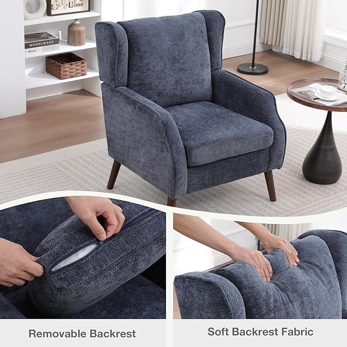 Accent Chair for Living RoomMid Century Modern Wingback Chair for BedroomUpholstered Armchair with Lounge Seat and Wood Legs for Office Apartment Small Room 1PCS Blue
