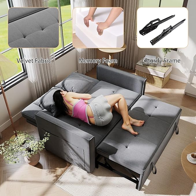 Pull Out Sofa Bed: 56 Grey 3 in 1 Convertible Sleeper Sofa Bed Velvet Loveseat Sleeper Couch with Storage Comfy Futon Couch Beds for Living Room | Velvet