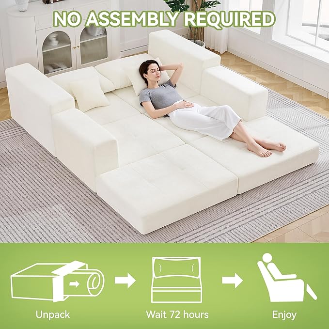 79 Boneless Cloud Loveseat Sofa Couch Modular Tufted Foldable Floor Sofa with Ottoman Chenille Lounge Convertible Sofa Bed for Living Room No Assembly Beige