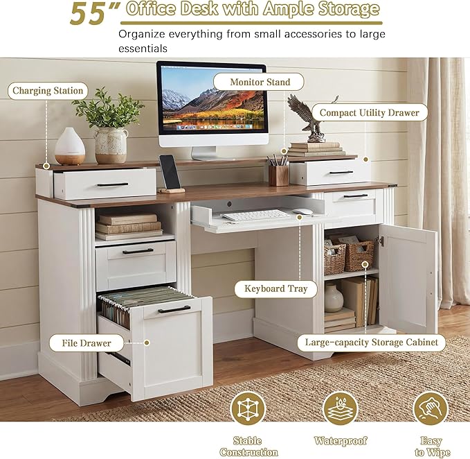 RiteSune 59.5 Farmhouse Computer Desk with USB Charging Station Fixed Monitor Stand with Drawers Keyboard Tray &amp File Cabinet Home Office Writing Desk with Large Storage