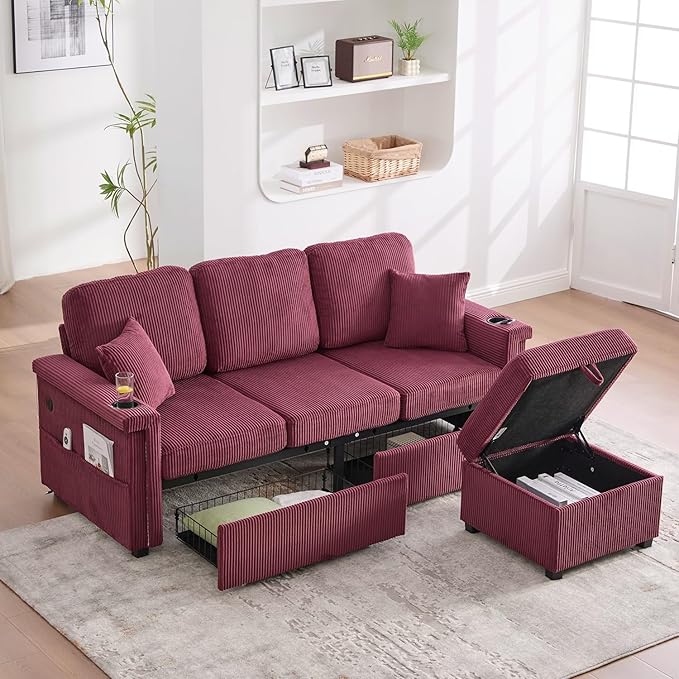 76'' Sectional Sofa Couches for Living Room 3 Seat L-Shaped Couch with Storage &amp Ottoman Corduroy Convertible Sofas with Chaise Apartment with USB Charging Cup Holder (Wine Red)