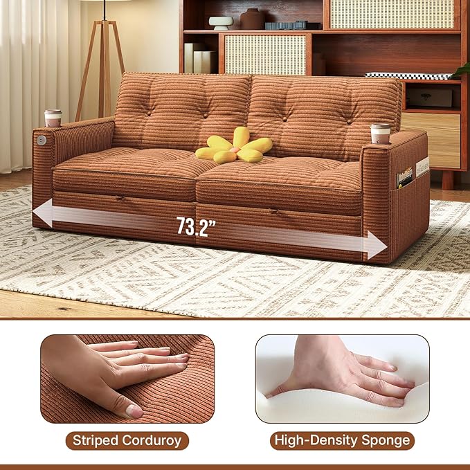 Rovibek 73.2 Convertible Sofa Bed Pull Out Couch with USB Charging Port &amp Cup Holders Adjustable Backrest Side Pockets Modern Corduroy Sleeper Sofa for Living Room Bedroom Apartment Orange