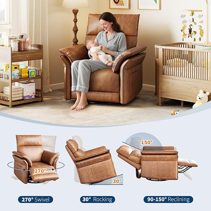 IDEALHOUSE Power Recliner Chair with Side Pockets 270° Swivel &amp Glider USB Charging Port PU Leather Thickened Dual-Layer Armrests Modern Recliner for Living Room Bedroom(Walnut)
