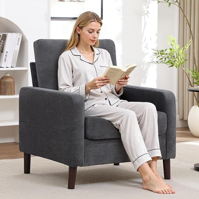 Accent Chair for Living Room Modern Reading Chair for Bedroom Upholstered Armchair with Wood Legs and Side Pockets Single Sofa Side Chair for Office Small Room Apartment Dark Grey