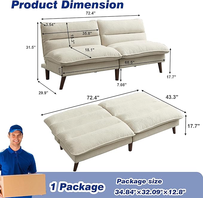 72 Futon Sofa Bed Convertible Futon Couch with Adjustable Backrest Modern Corduroy Sleeper Sofa for Small Spaces Living Room Office Beige