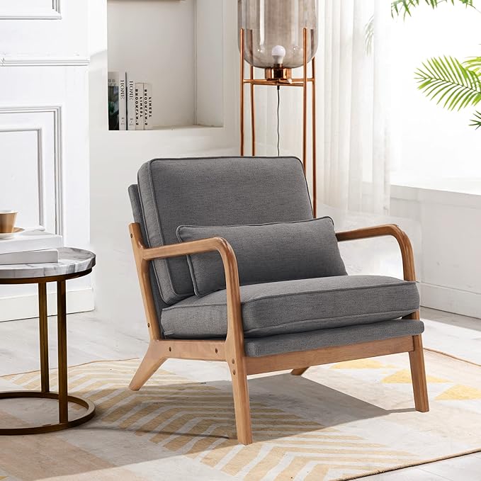 JOYBASE Lounge Accent Chair Mid Century Modern Chair Arm Chair Wood Frame Armchair for Living Room Bedroom (Dark Grey Fabric)