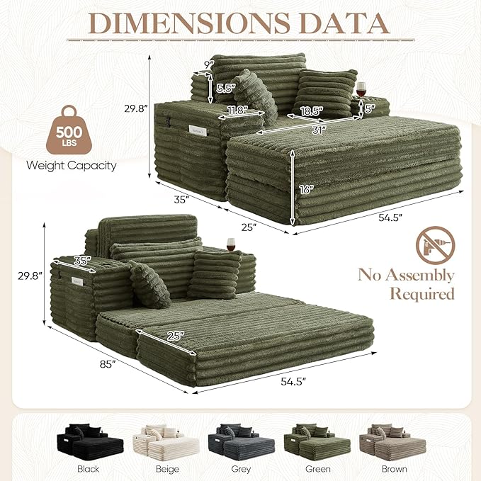 5-In-1 Oversized Chaise Lounge Chair Indoor with Ottoman54.5W Faux Fur Convertible Folding Sleeper Sofa Bed with Cup Holder&ampSide PocketComfy Boneless Couch Sofa Chair for Living RoomBedroom(Gr