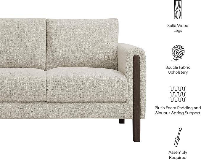 Modway Hawken 54 Inch Boucle Loveseat in Parchment Espresso with Wood Legs – Mid-Century Modern Small Space 2-Seater Sofa for Living Room Bedroom or Office Lounge