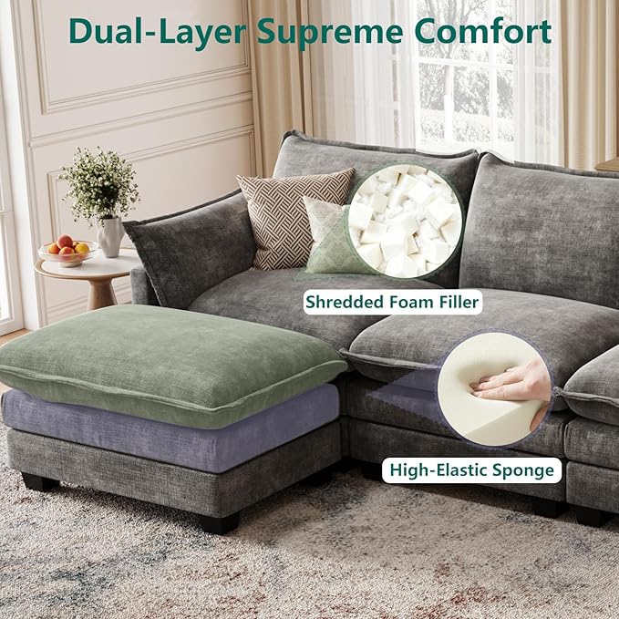 Modular Sectional U Shaped Sofa Couches for Living Room Cloud Couch with Movable Ottoman Comfy Chenille Sofa with Pillow for Bedroom and ApartmentDark Gray