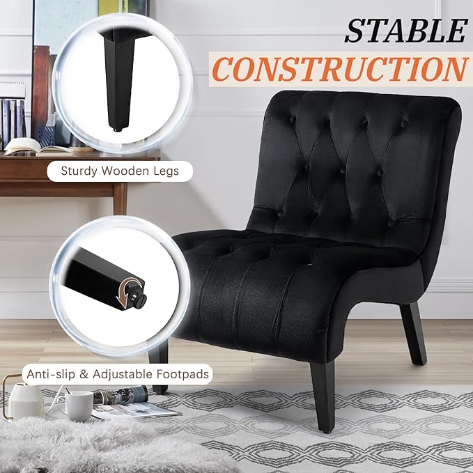 AVAWING Armless Accent Chair Set of 2 Upholstered Velvet Lounge Chair with Wood Legs Comfy Reading Chair for Living Room &amp Bedroom Black