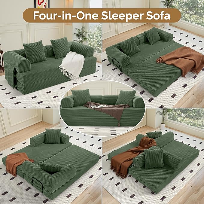 Convertible Coarser Corduroy Sleeper Sofa Bed with Cylindrical Pillow Folding Mattress Couch with Fixed-Shape Frame Floor Sofa Lounge Couch for Living Room Bedroom Lounge Studio Green