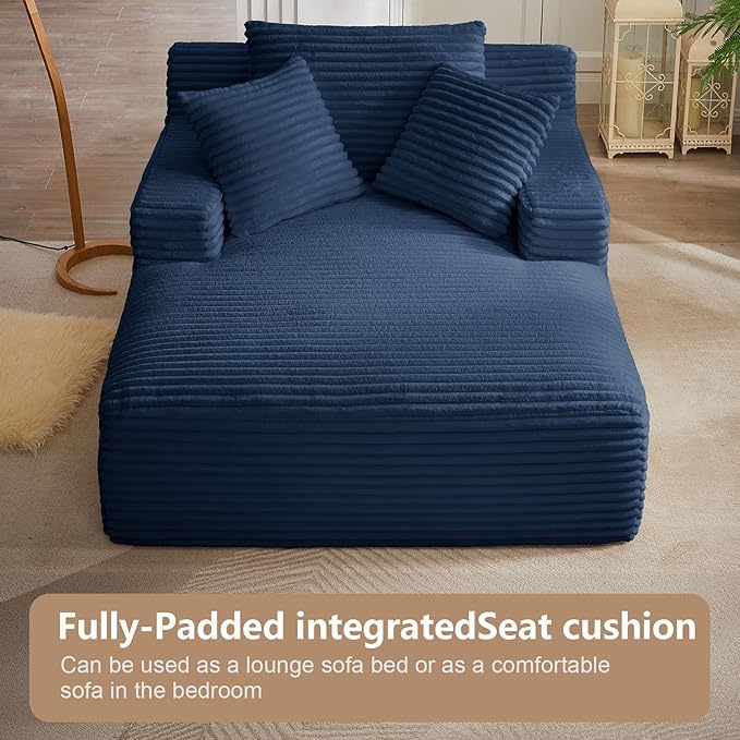 49.2 Oversized Chaise Lounge Chair IndoorCorduroy Boneless Reading Chair with 3 PillowsDeep Seat Cloud Sofa BedComfy Modern Sleeper Chairs in Box for Living Room BedroomNo Assembly(Blue)