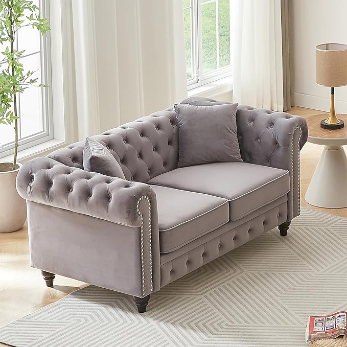 Modern Chesterfield Sofa Couch 63.5-inch Velvet Fabric Loveseat Sofa with Rolled Arms and Tufted Button for Living Room Office Light Grey