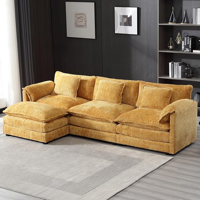 kevinplus 112'' Sectional Sofa Couch with Convertible Ottoman for Living Room Modern Contemporary 3-Seat L-Shape Sofa Couch for Apartment Home Office Thick Cushion &amp Boucle Fabric Yellow