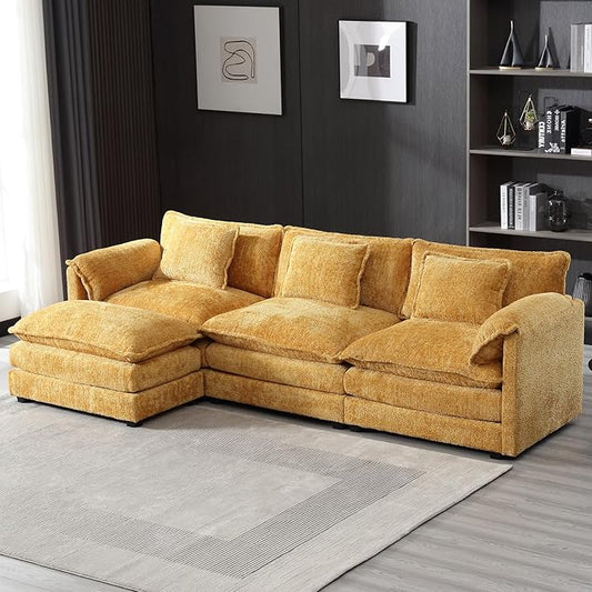 kevinplus 112'' Sectional Sofa Couch with Convertible Ottoman for Living Room Modern Contemporary 3-Seat L-Shape Sofa Couch for Apartment Home Office Thick Cushion &amp Boucle Fabric Yellow