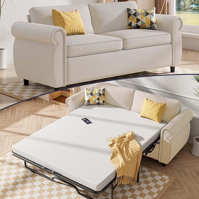 2 in 1 Pull Out Sofa Bed Queen Size Sleeper Sofa Guest Bed with 4 Foldable Memory Foam Mattress &amp Nailhead Armrests Linen Modern Convertible Couch for Home Apartment Office - Beige