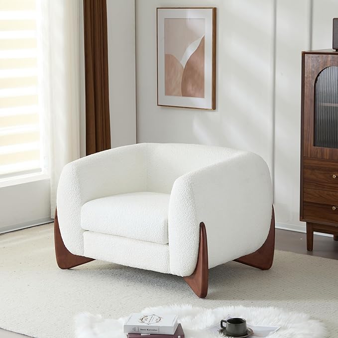 Christopher Knight Home Modern Boucle Fabric Upholstered Club Chair for Living Room Home Office Apartment Relaxing Chair with Removable Cushion and Birch Wood Legs White and Walnut