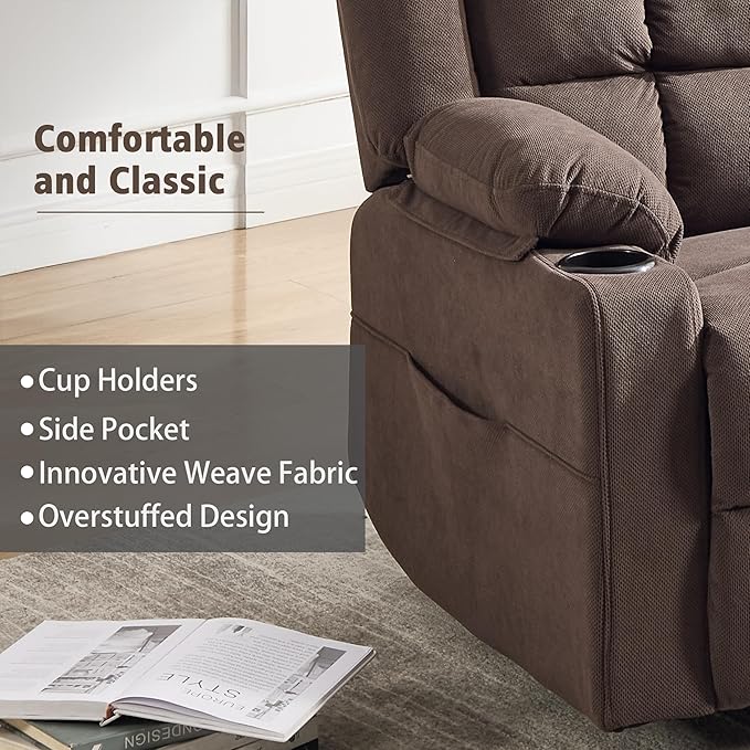 Swivel Rocker Recliner Chair for Adults with Massage and Heat Cup Holders and Side Pockets Glider Rocking Reclining Single Sofa Chair for Living Room (Cocoa)