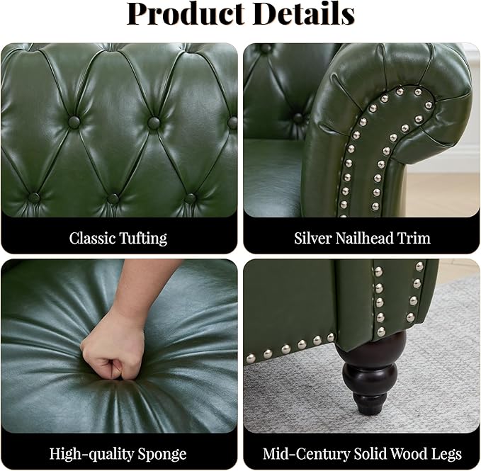 LEVNARY Chesterfield Sofa 3 Seater Tufted Couch for Living Room Classic Button Tufted Upholstered Sofa Modern Mid-Century PU Leather Sofa (Green)