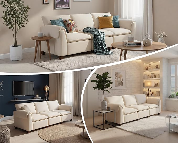 VESCASA Modern Sectional Sofa with Ottoman 106.5 Inch Modular Cloud Couch 4 Seat L Shaped with Waterfall Armrest Cushion Back for Living Room Apartment White Chenille