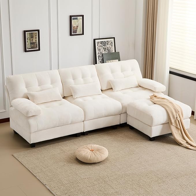 93 3+1 Seater Sofa with Ottoman - 4-Position Adjustable Backrest 350lb/Seat Soft Chenille Fabric 3 Throw Pillows Easy Assembly (Beige)