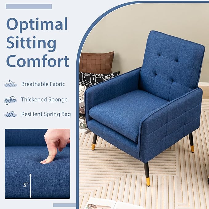 Giantex Modern Mid-Century Accent Chair Set of 2 - Upholstered Armchair with Tufted Back Metal Legs Adjustable Foot Pads Fabric Single Sofa Chair for Reading Living Room Chair for Bedroom Blue