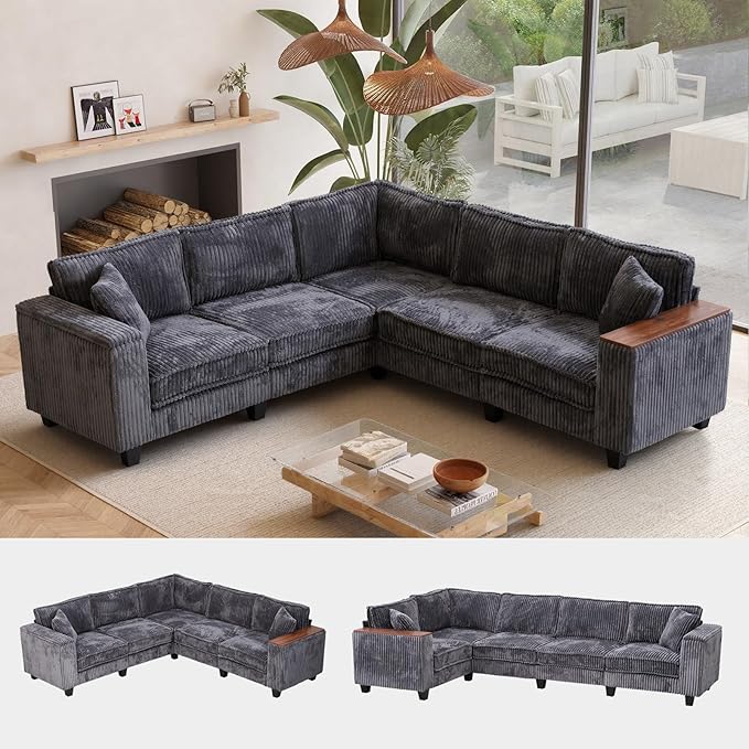 97” Modular Sectional Sofa Corduroy Couch Sectional with 2 Pillows Oversized Sectional Sofa L Shaped Couch Armrests with Two Hidden Storage Space Sectional Couches for Living Room Grey