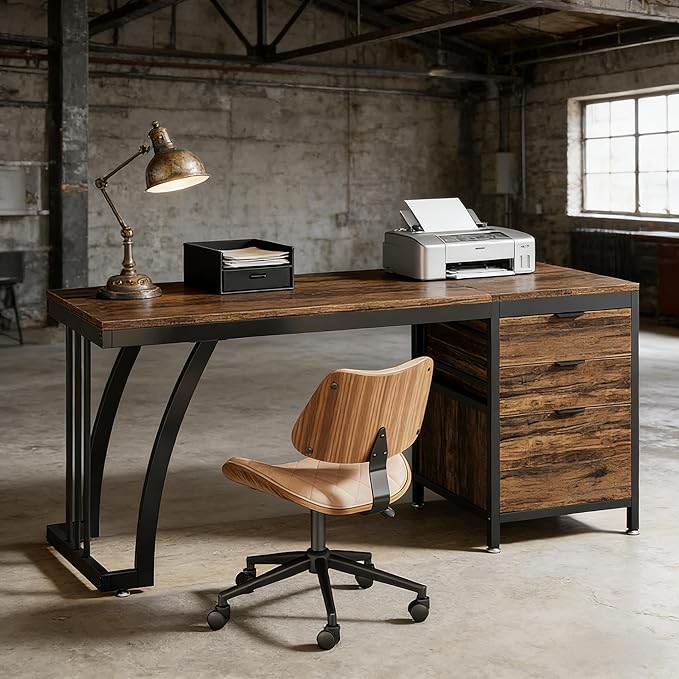 Computer Desk with 5 Drawers 47 Inch Reversible Executive Office Desk with File Storage Drawers Industrial Study Writing Table Corner Desk for Home Office (Black+Brown)