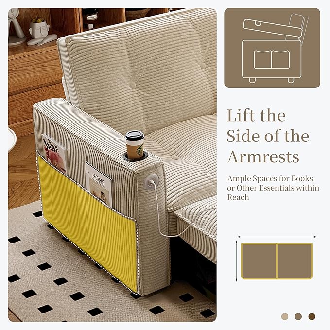 73 Queen Size Sofa Bed Loveseat Sleeper Sofa with Pull Out Bed Pockets and USB Corduroy Fabric 2 Seater Convertible Small Couch for Living Room Bedroom Apartment Beige