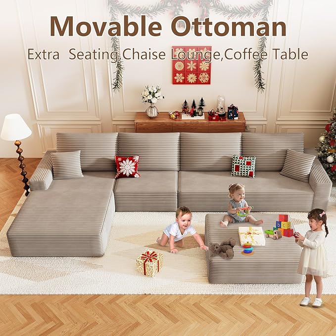 136 Boneless Cloud Couch with OttomanMoudular Sectional Sofa with Deep SeatModern Minimalist Sofas with 4 SeaterCorduroy U Shaped Couches for Living RoomNo Assembly(CamelLeft Facing Chaise)