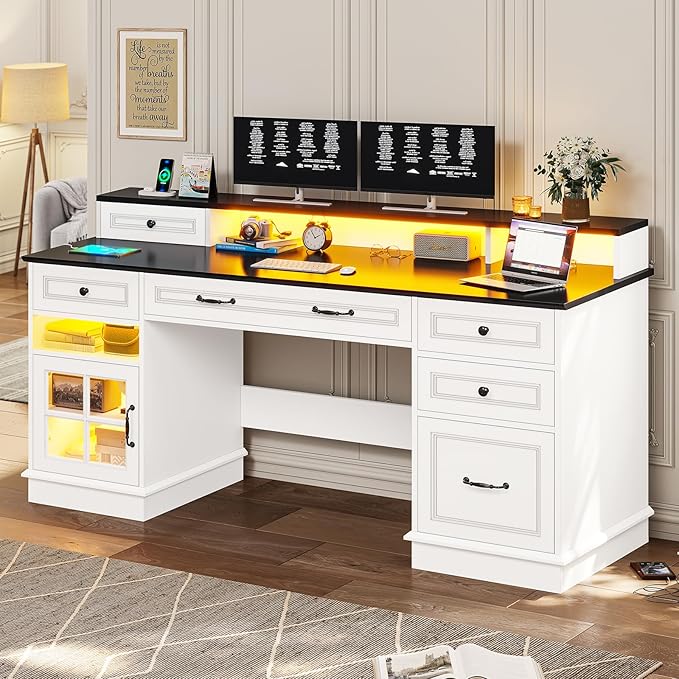 BTHFST Executive Desk with File Drawer Computer Desk with Monitor Stand Home Office Desk with Drawers &amp Storage Cabinet Writing Desk with Charging Station &amp LED Lights White