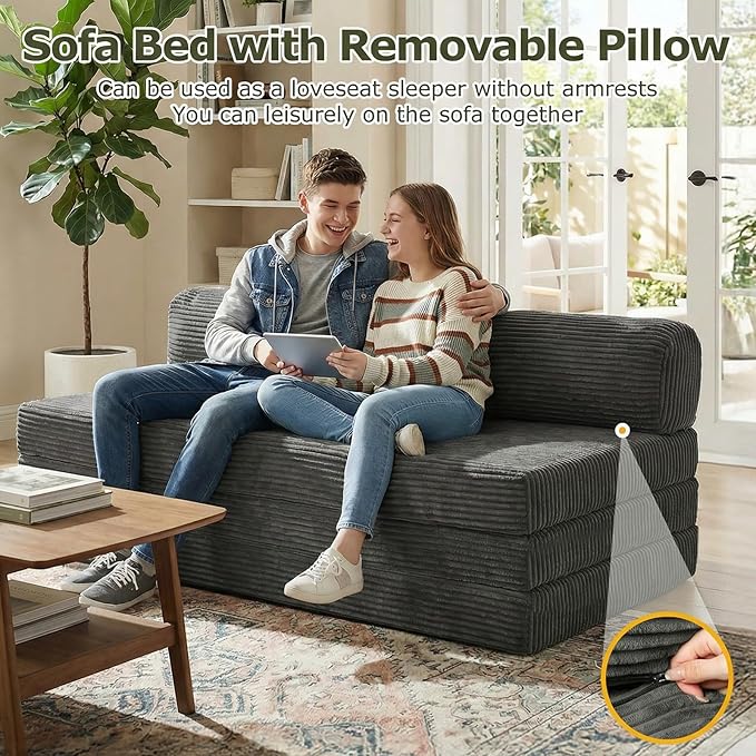 5-in-1 Convertible Sofa Bed Boneless Loveseat Sleeper with Removable Cushions &amp Washable CoverFuton Sofa Bed with Handle Pull Out Couch for Small Spaces King Size Grey