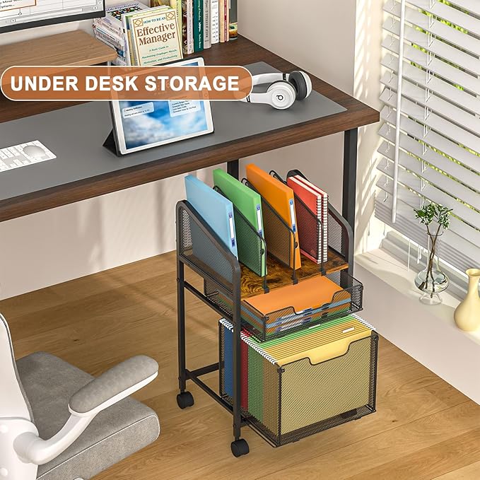 Rolling File Cabinet with Adjustable Dividers Mobile Filing Cabinet with 2 Storage Drawers on Lockable Wheels Hanging File Organizer Beside Under Desk for Office Home（Patent Pending）