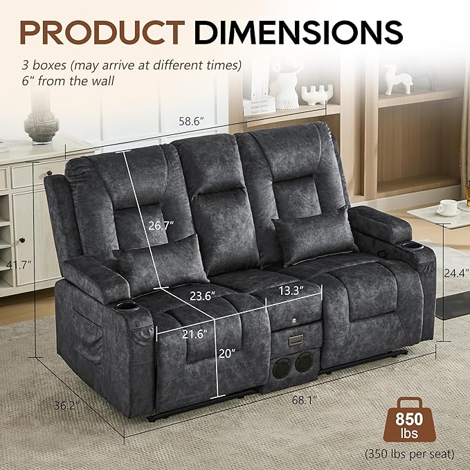 URRED Manual Reclining Loveseat Sofa with Console Double Recliner RV Couch with Bluetooth Speakers USB &amp Power Outlet Cup Holders Pillow and Side Pocket for Home Theater Velvet Grey