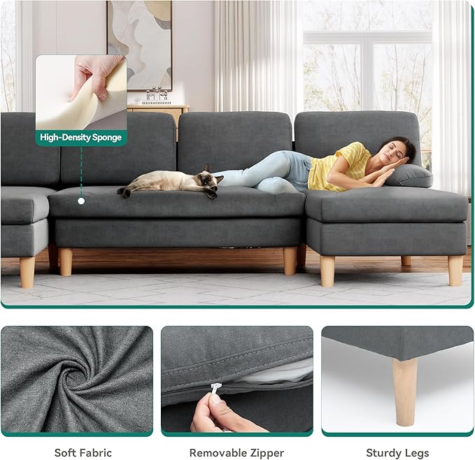 YITAHOME 109 U-Shaped Couch 4-Seat Cloud Sofa with Dual Chaise Lounges Storage Armrest Cup Holder &amp Thick Cushions for Living Room