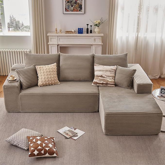 107 Cloud Sectional Couch with L-Shape Chaise Modern Modular Comfy Sofa Chaise Longue Upholstered Corduroy Couches Sleeper with Deep Seat for Living Room Bedroom No Assembly Required Camel